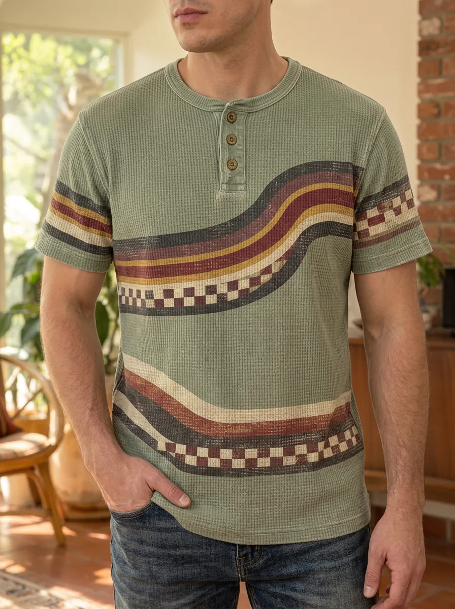 Men's Relaxed Vintage Retro Waffle Knit Striped Checkerboard Henley T-Shirt