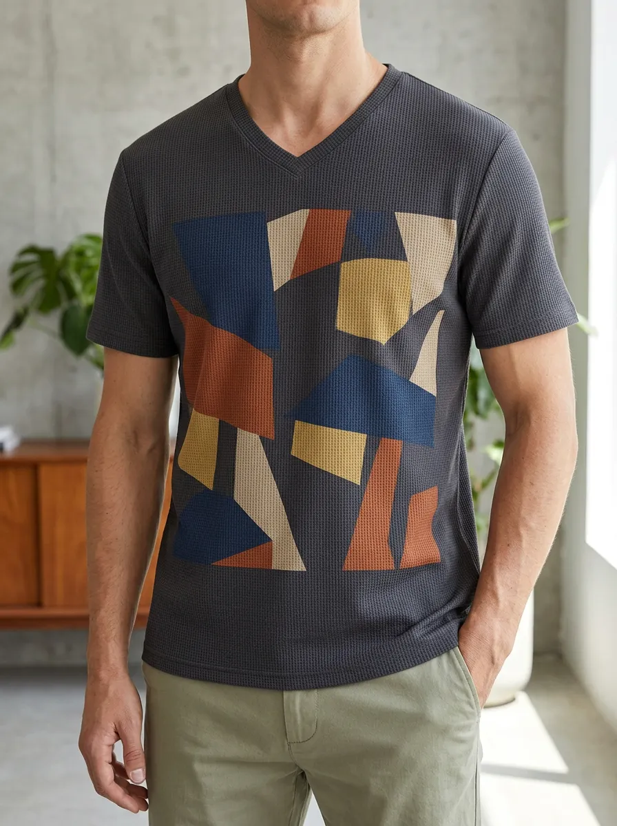 Men's Fluid Abstract Geometric Pattern Waffle V-Neck T-Shirt