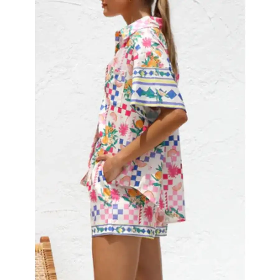 Printed Button Down Short Sleeve Top and Shorts Set