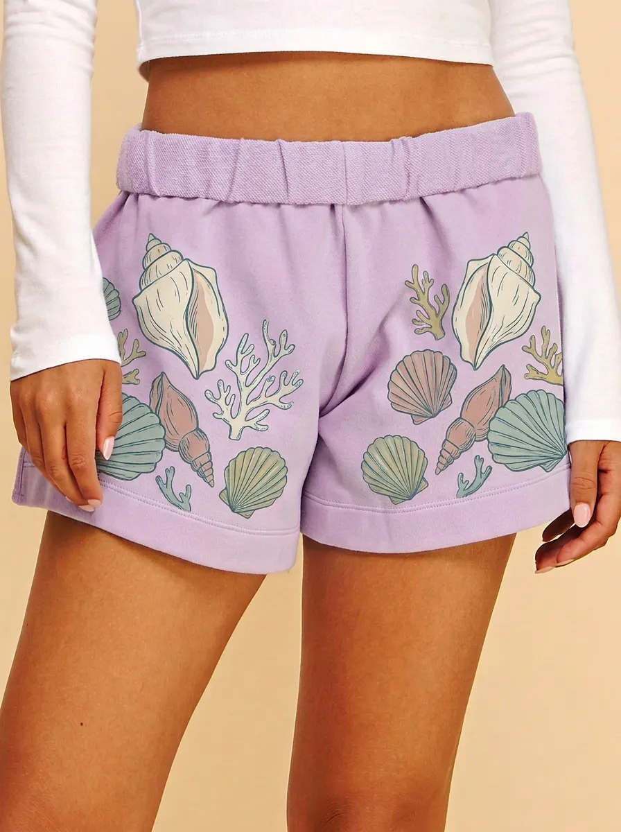 Women's Coastal Seashell Coral Printed Shorts