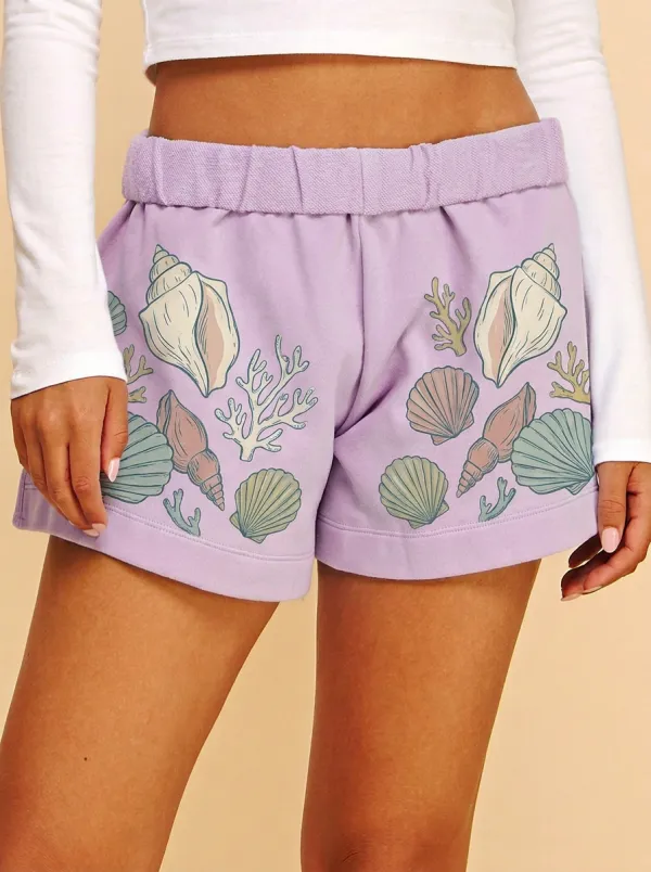 Women's Coastal Seashell Coral Printed Shorts