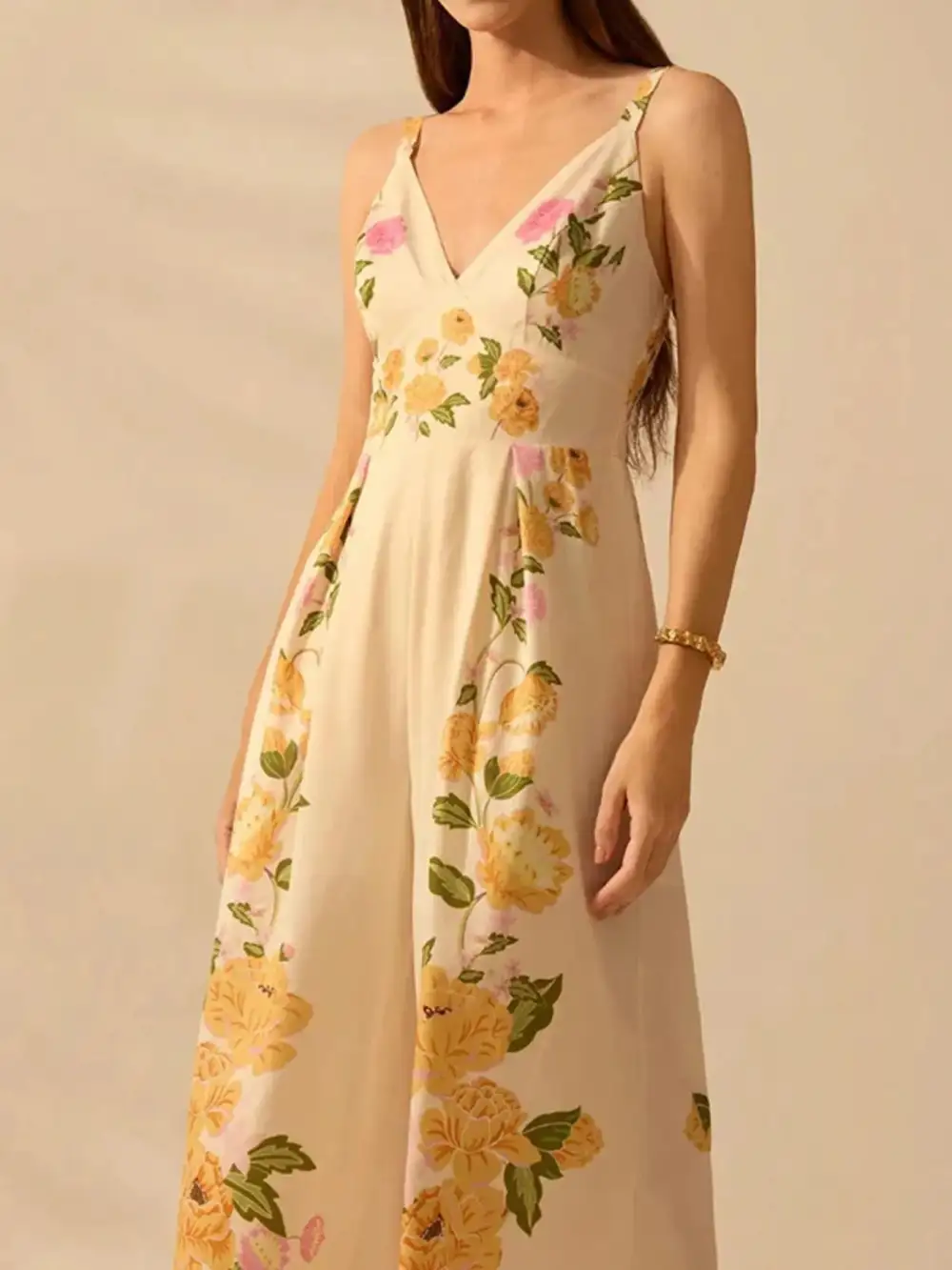 Floral Print Wide Leg V Neck Jumpsuit