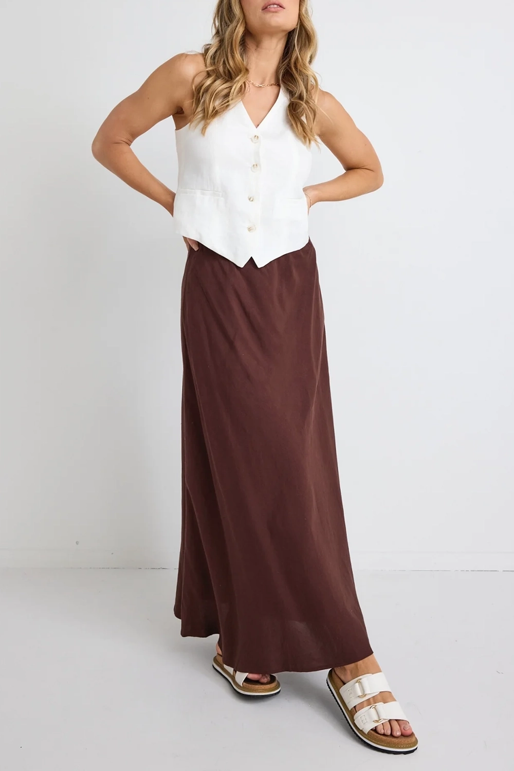 Brown Solid Color Midi Skirt