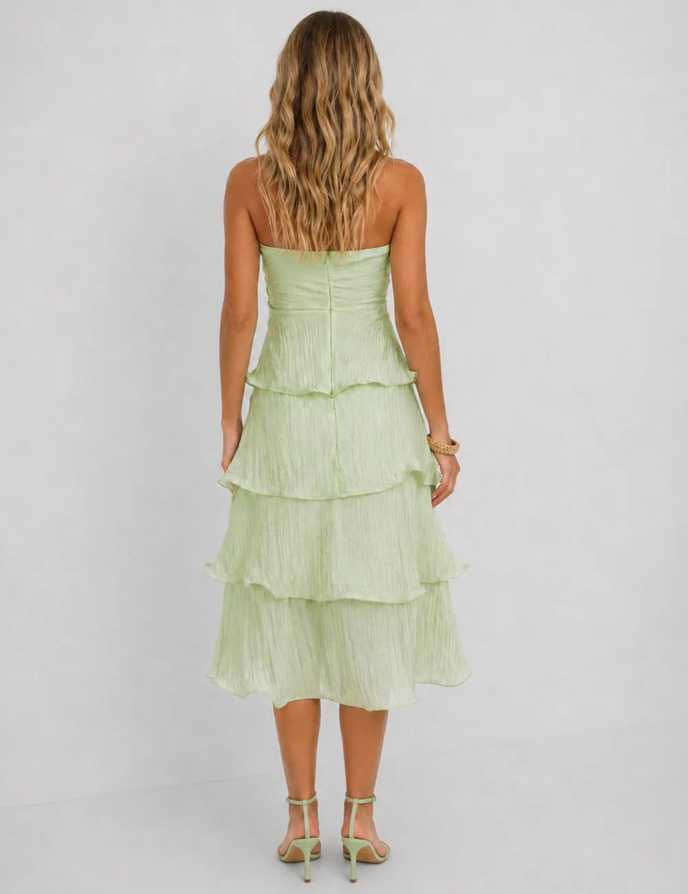 Chic Crinkle Strapless Tiered Ruffle Tube Midi Dress