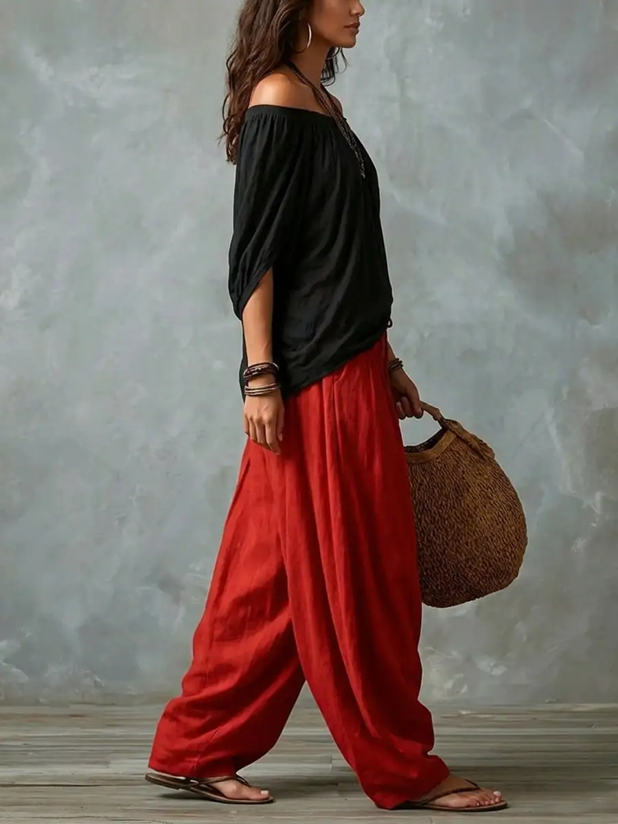 Pleated Off Shoulder Blouse And Pants Set