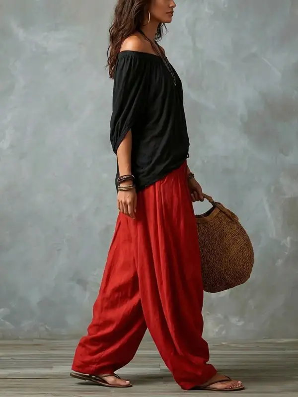 Pleated Off Shoulder Blouse And Pants Set