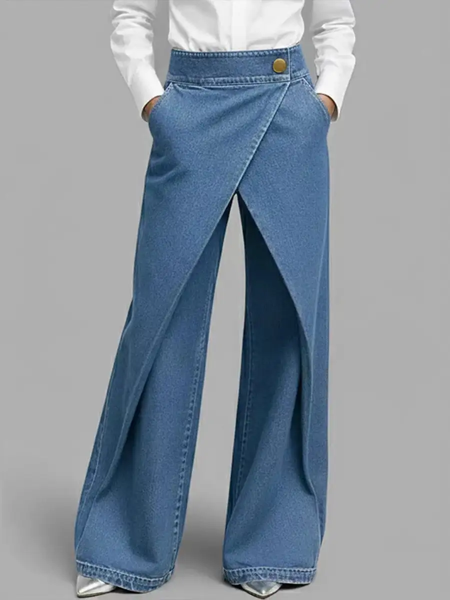 Minimal High Waist Relaxed Fit Wide Leg Asymmetric Seamed Lace-Up Detail Button Detail Pocket Jeans