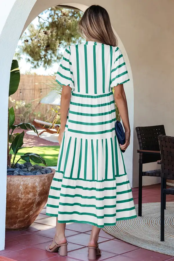 Stripe Half Sleeve Notched Neck Contrast Trim Ricrac Trim Midi Dress