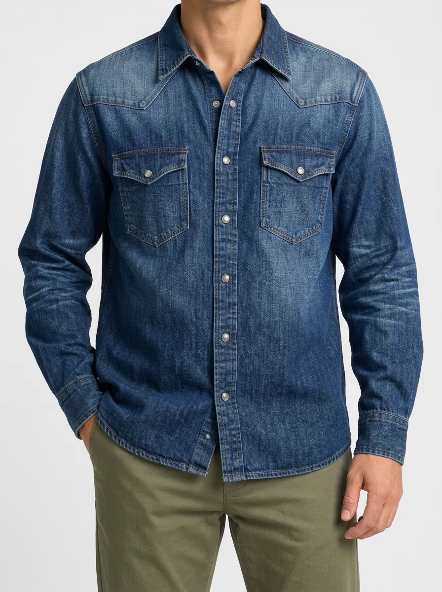 Casual Vintage-Washed Denim Front-Opening Shirt