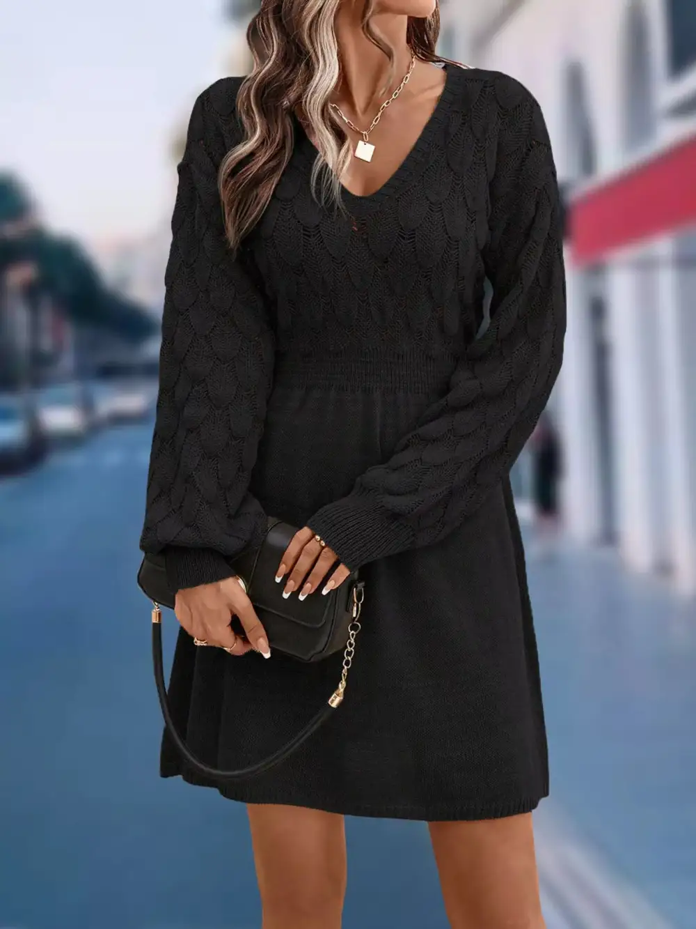 V-Neck Long Sleeve Sweater Knit Dress