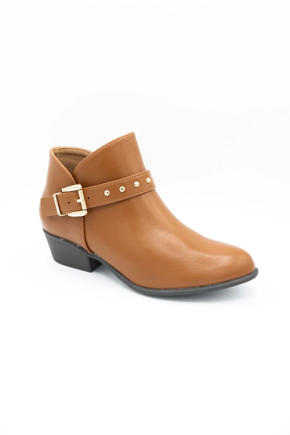 Buckle Detail Faux Leather Zip Entry Round Toe Bootie