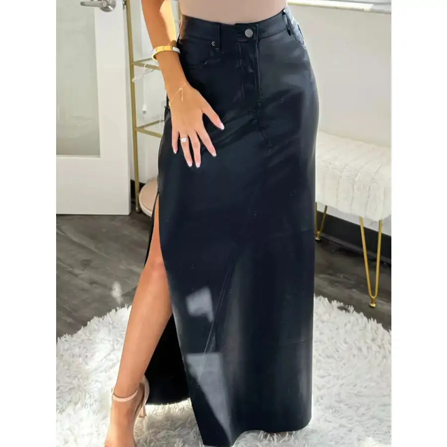 Leather High Waist Side Slit Maxi Skirt