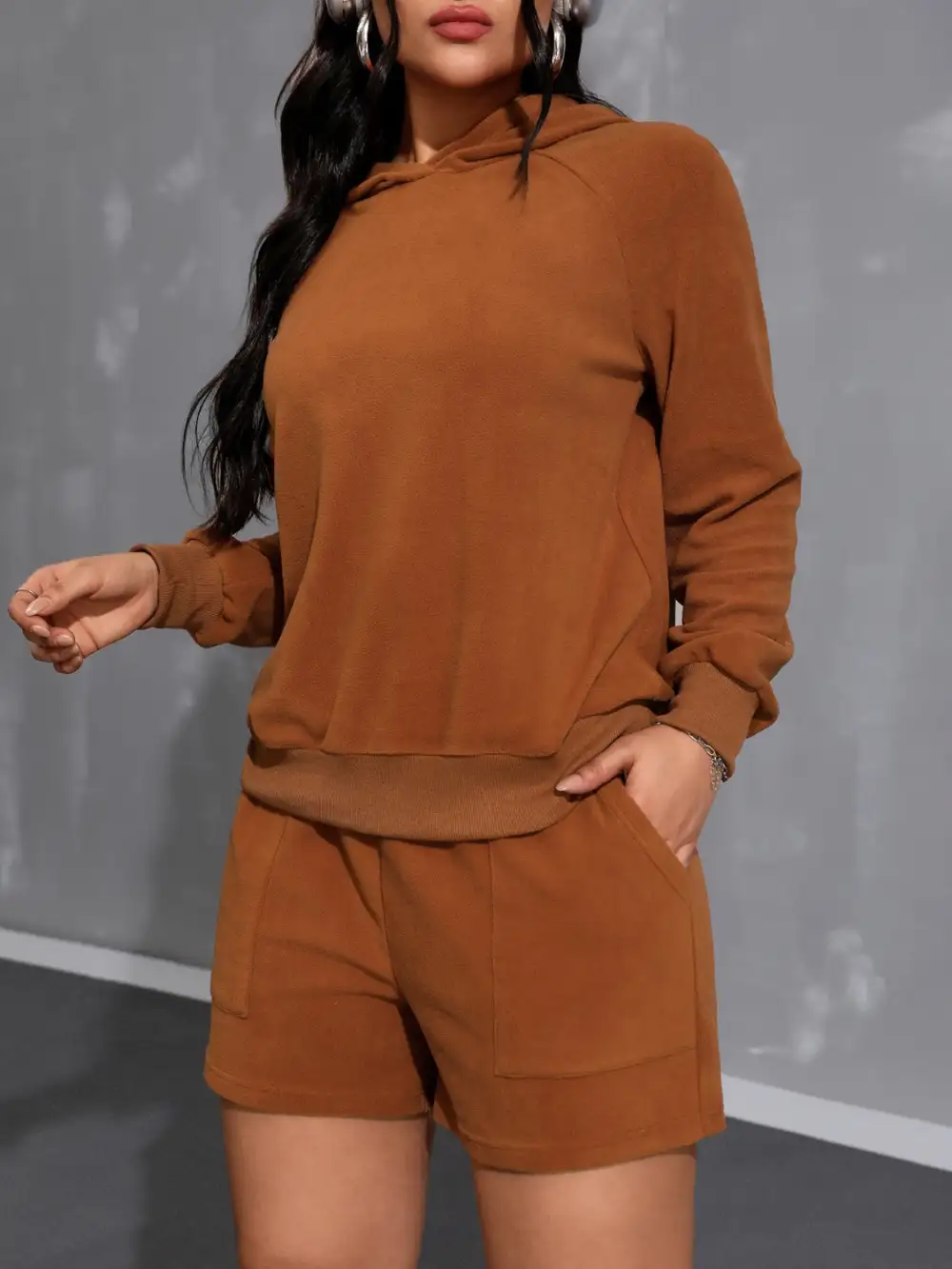 Long Sleeve Hoodie And Pocketed Shorts Set