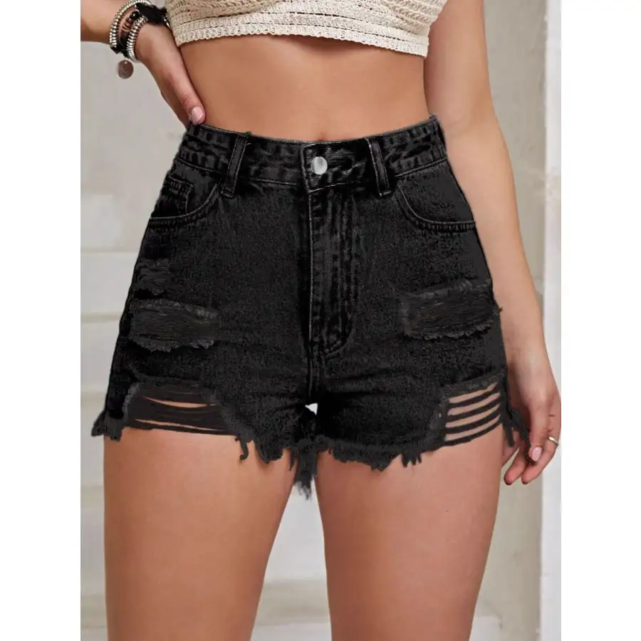 Distressed Raw Hem High Waist Denim Shorts