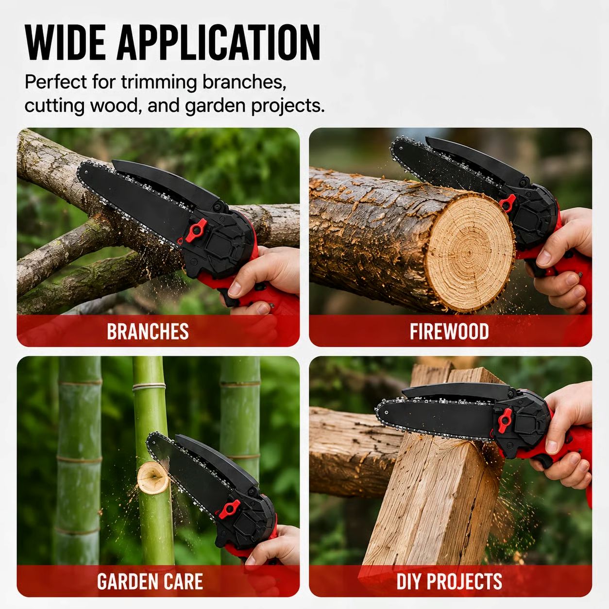 Branch trimming, wood cutting and garden cleanup applications