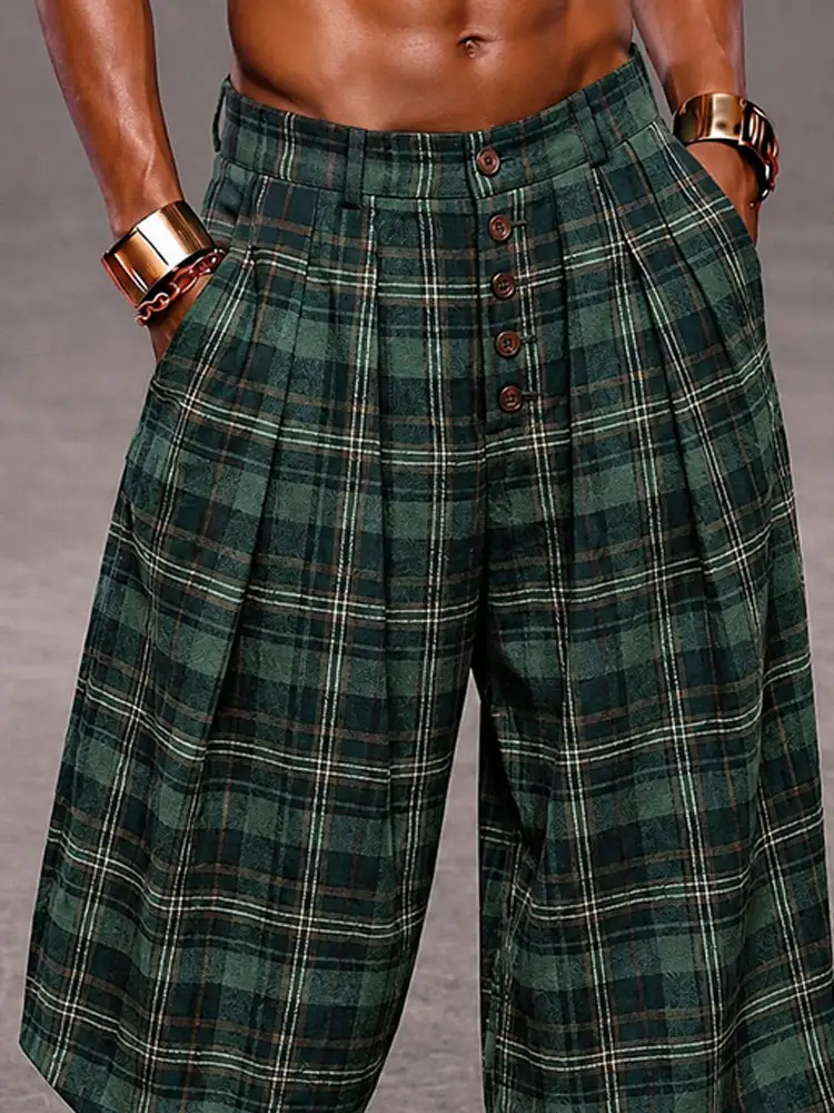 Men's Fashion Plaided Wide Leg Cropped Pants Shorts