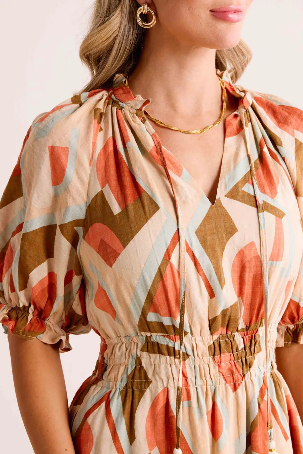 Multicolored Abstract Print Tie-Waist Maxi Dress