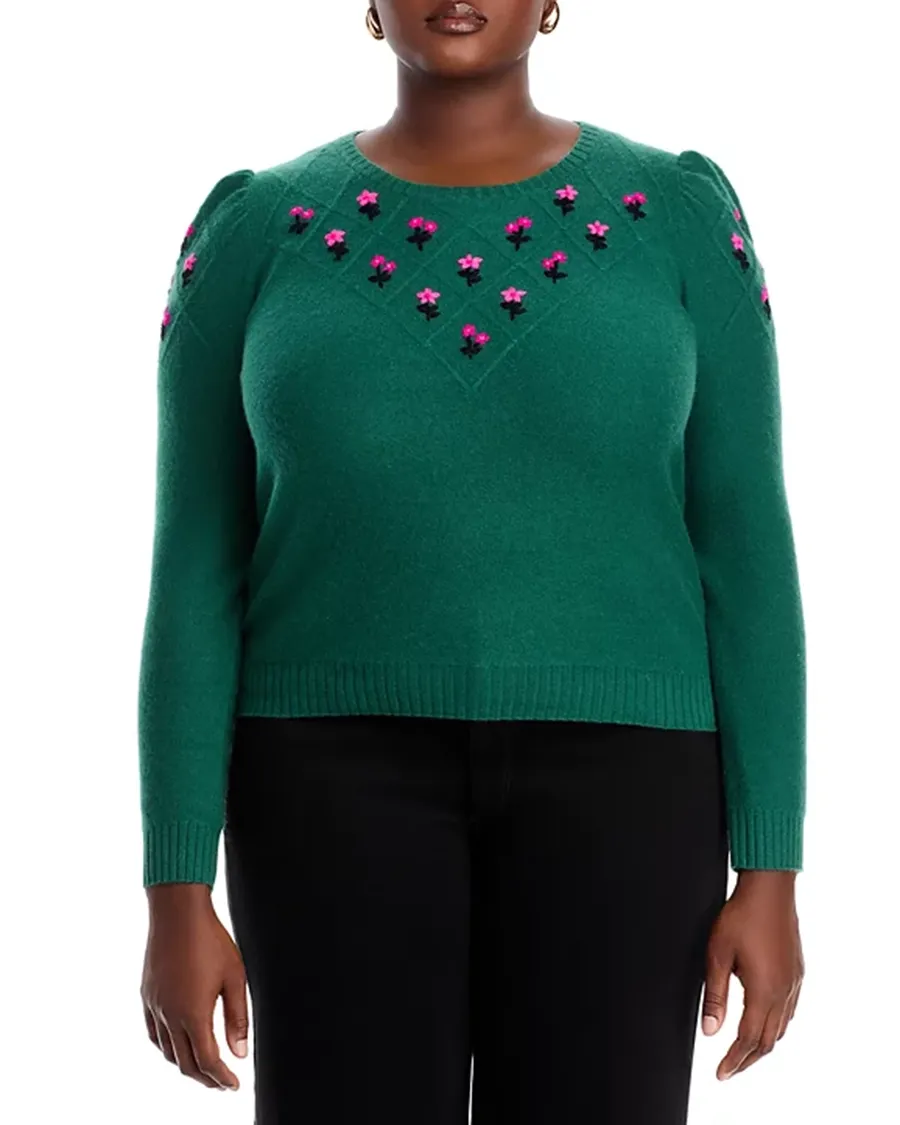 Puff Sleeve Embroidered Floral Cashmere Sweater