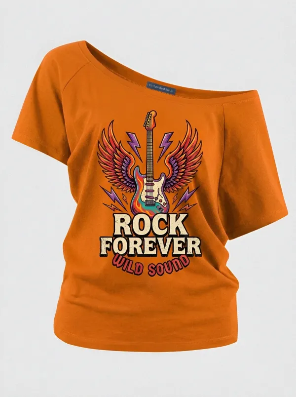 Women's Rock Music Lover Winged Guitar Printed Off-Shoulder Top