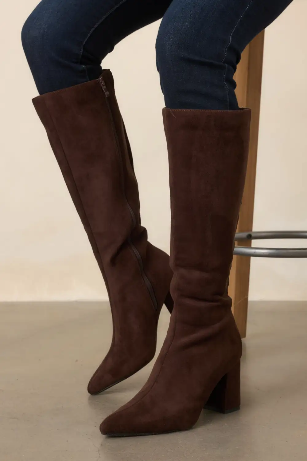 Faux Suede Pointed Toe Block Heel Knee High Boots