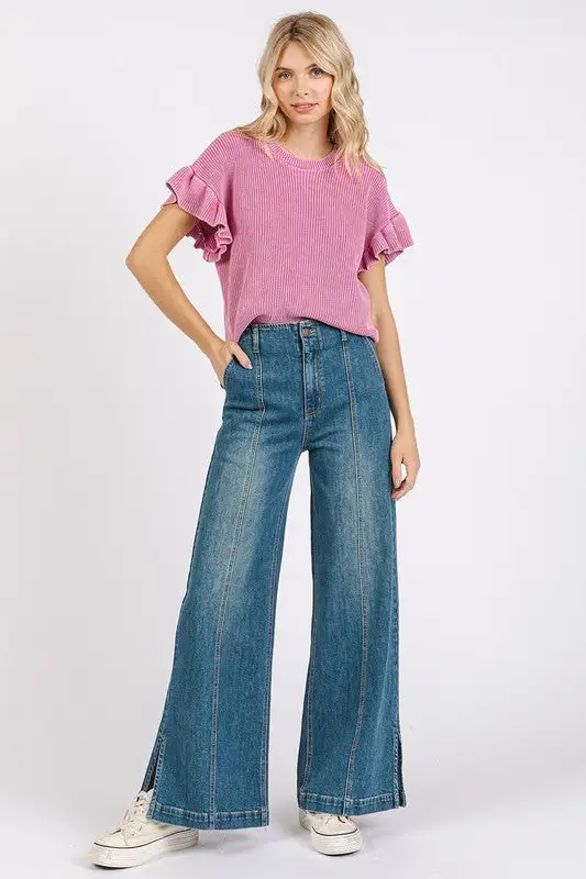 Wash Seam Detail Wide Leg Denim Jeans