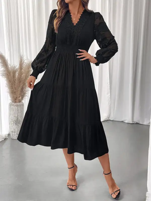 Lace Tiered Lantern Sleeve Dress Casual