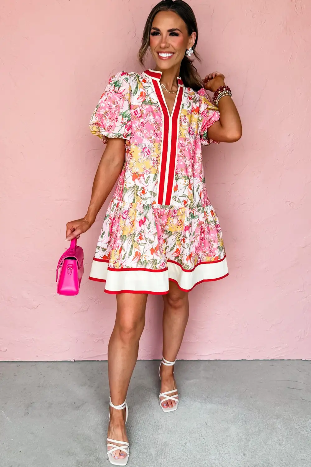 Floral Patchwork V Neck Mini Dress