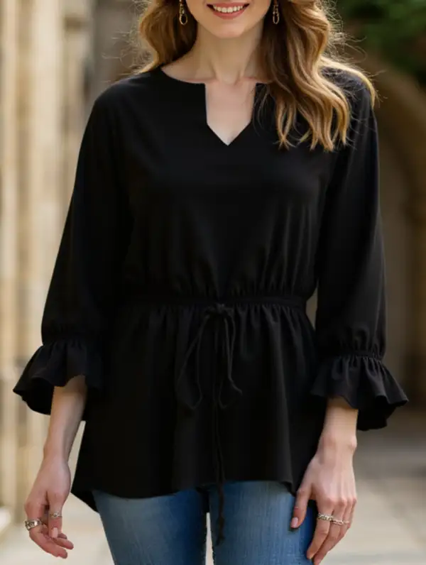 Long-Sleeved V-Neck Shirt Drawstring Waist