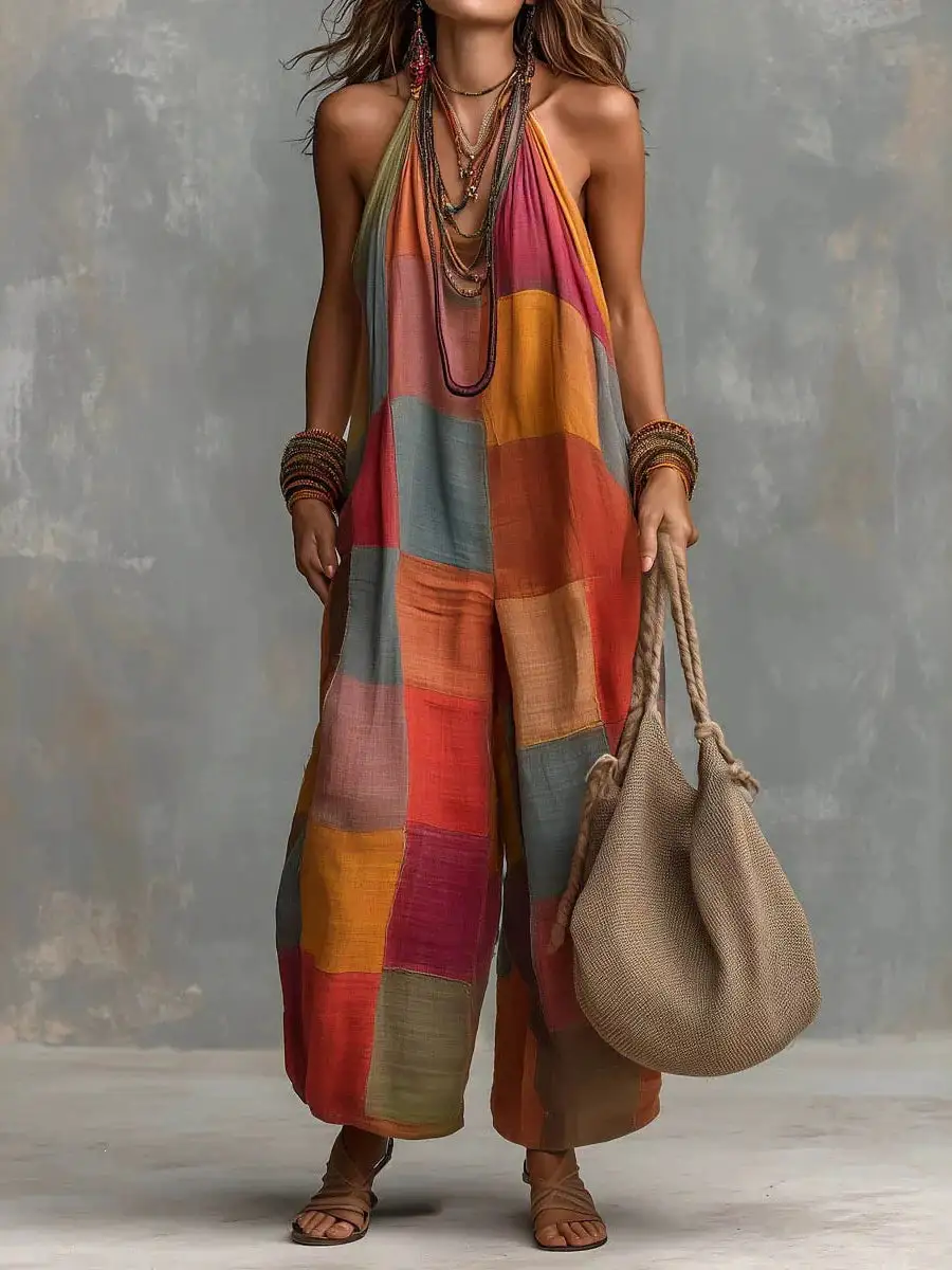 Loose Sleeveless Contrast Color Plaid Halter Neck Jumpsuits