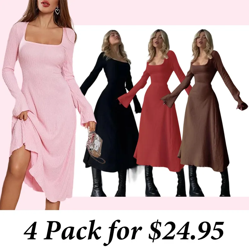 4PACK-Lace Up Tie Back Flounce Sleeve Dress