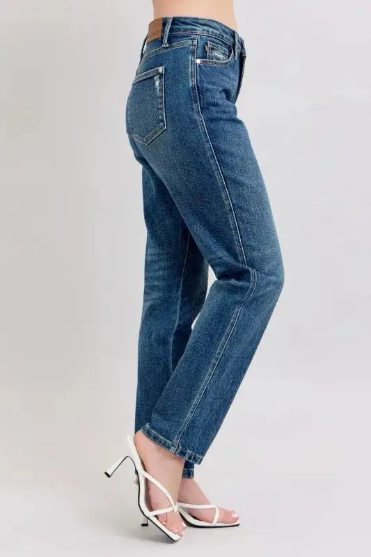High-Waist Cropped Distressed Washed Straight Leg Jeans