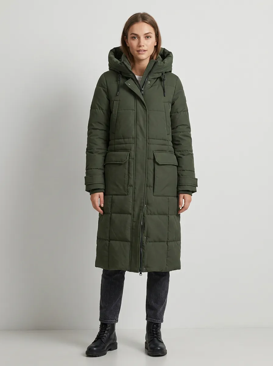 Utility Quilted Long Hooded Coat