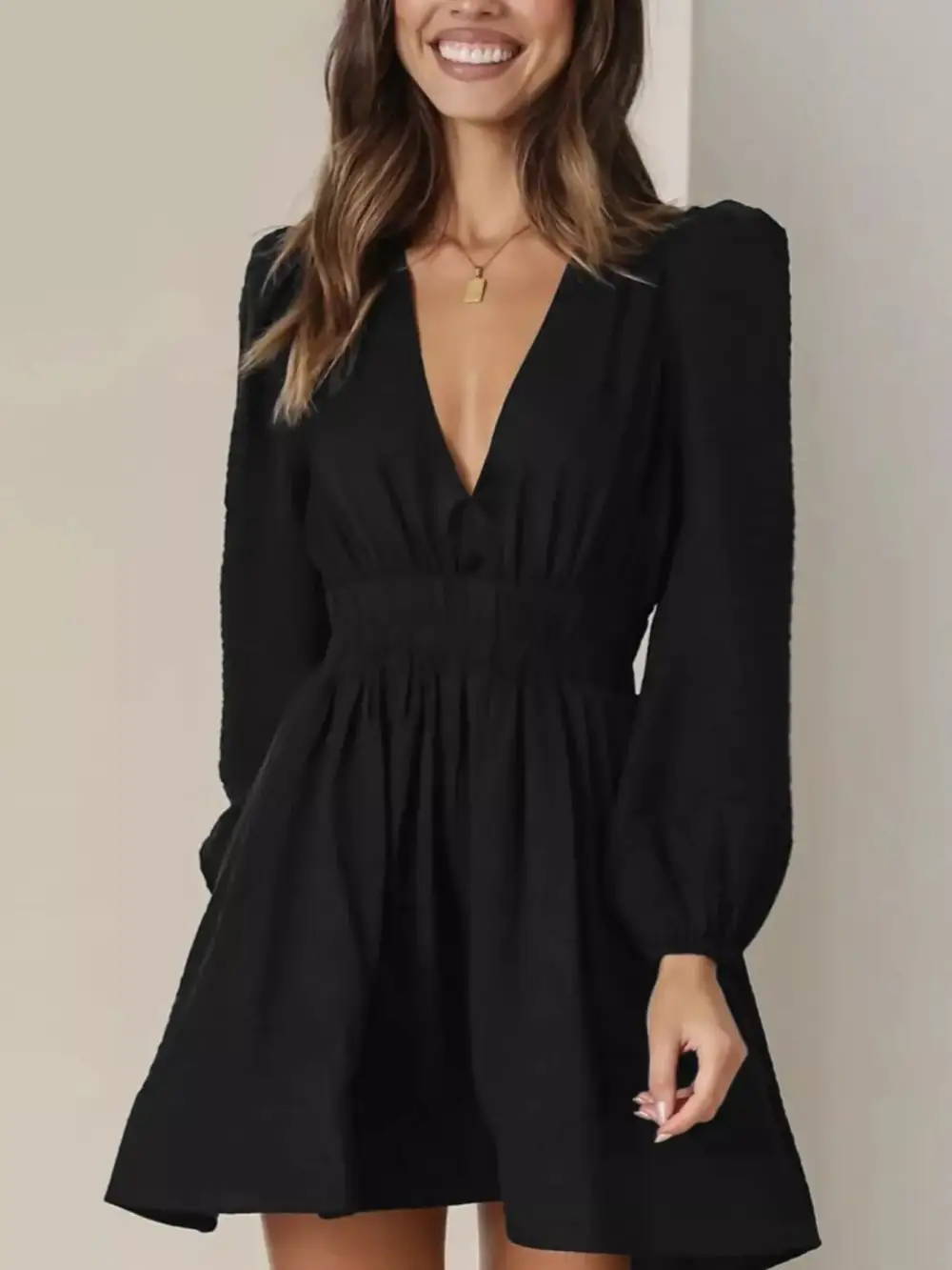 V Neck Long Sleeve Mini Dress
