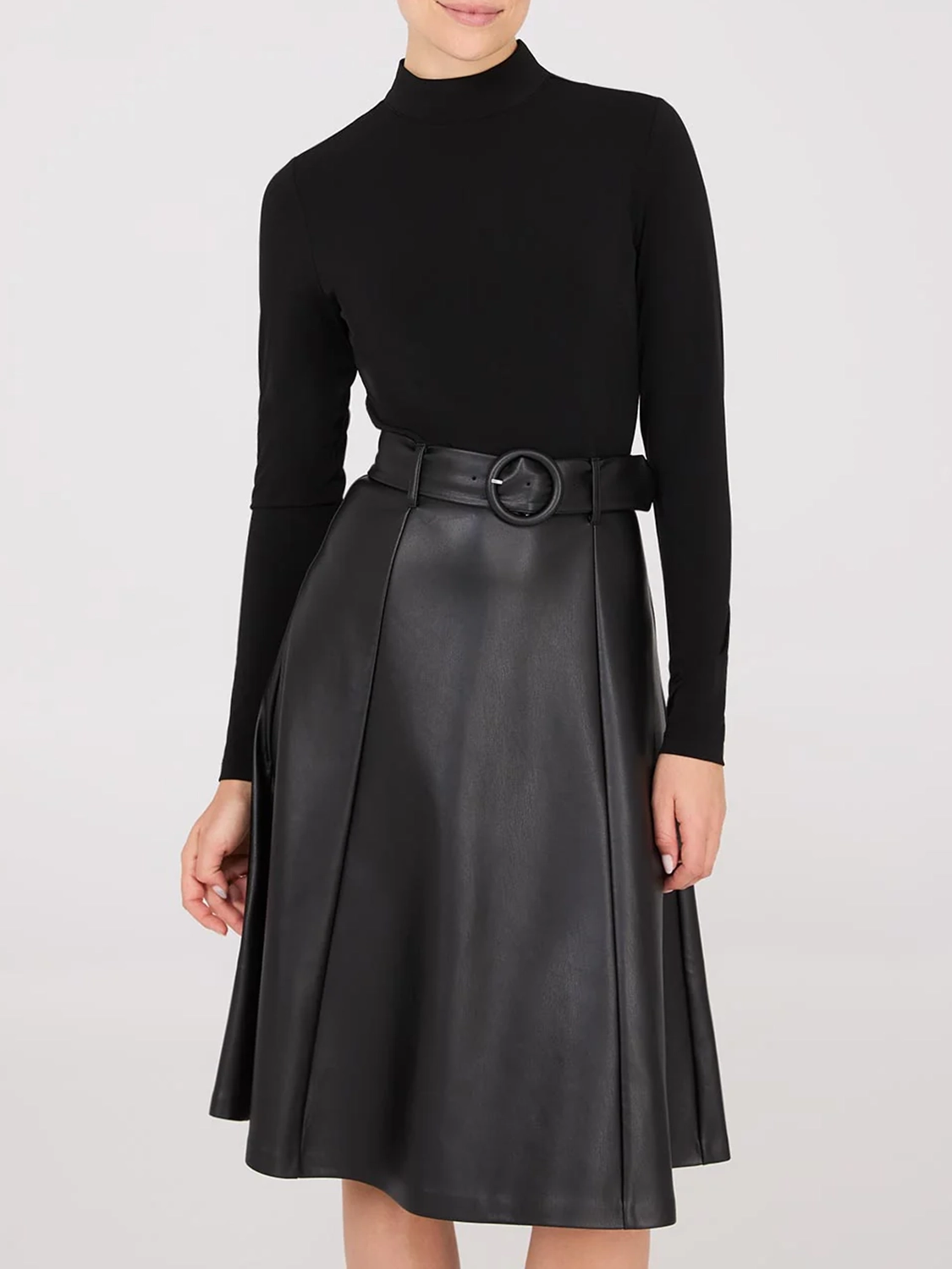 Mock Neck Faux Leather Midi Dress