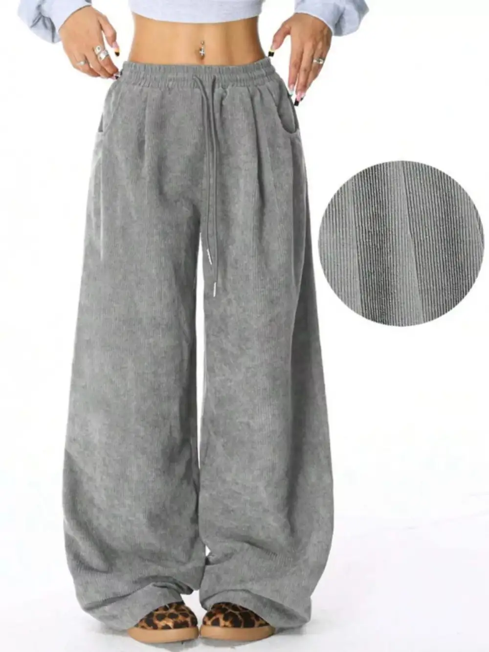 Wide Leg Corduroy Drawstring Pocketed Pants