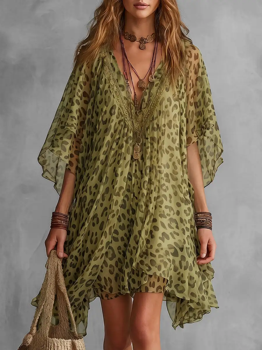 Batwing Sleeve Half Sleeve Asymmetric Contrast Color Leopard Ruffle Trim See