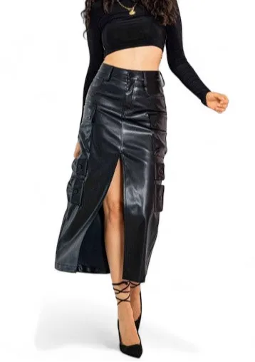 Vegan-Leather Cargo Skirt