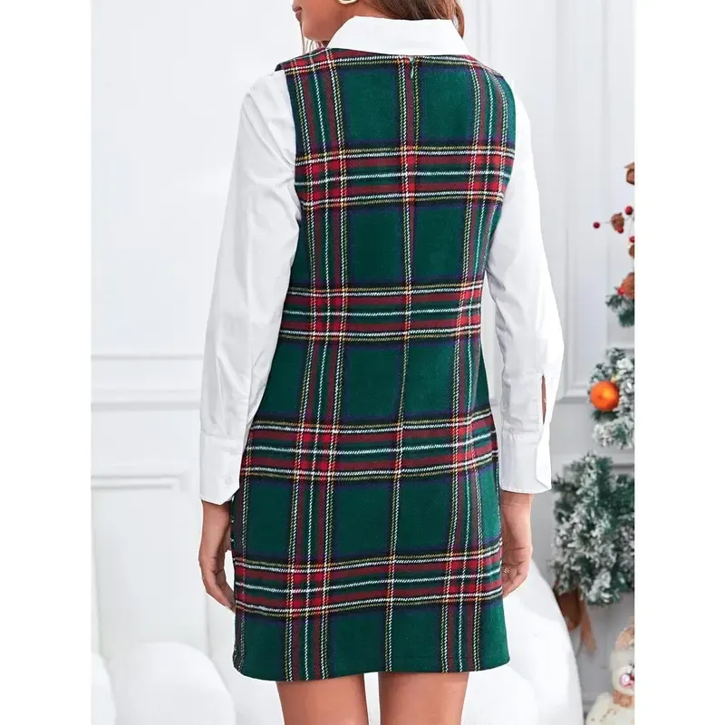 🔥Last Day 49% Offer-Women's Plaid Christmas Dress Mini Sleeveless Round Neck A Line Short Xmas Party Dresses
