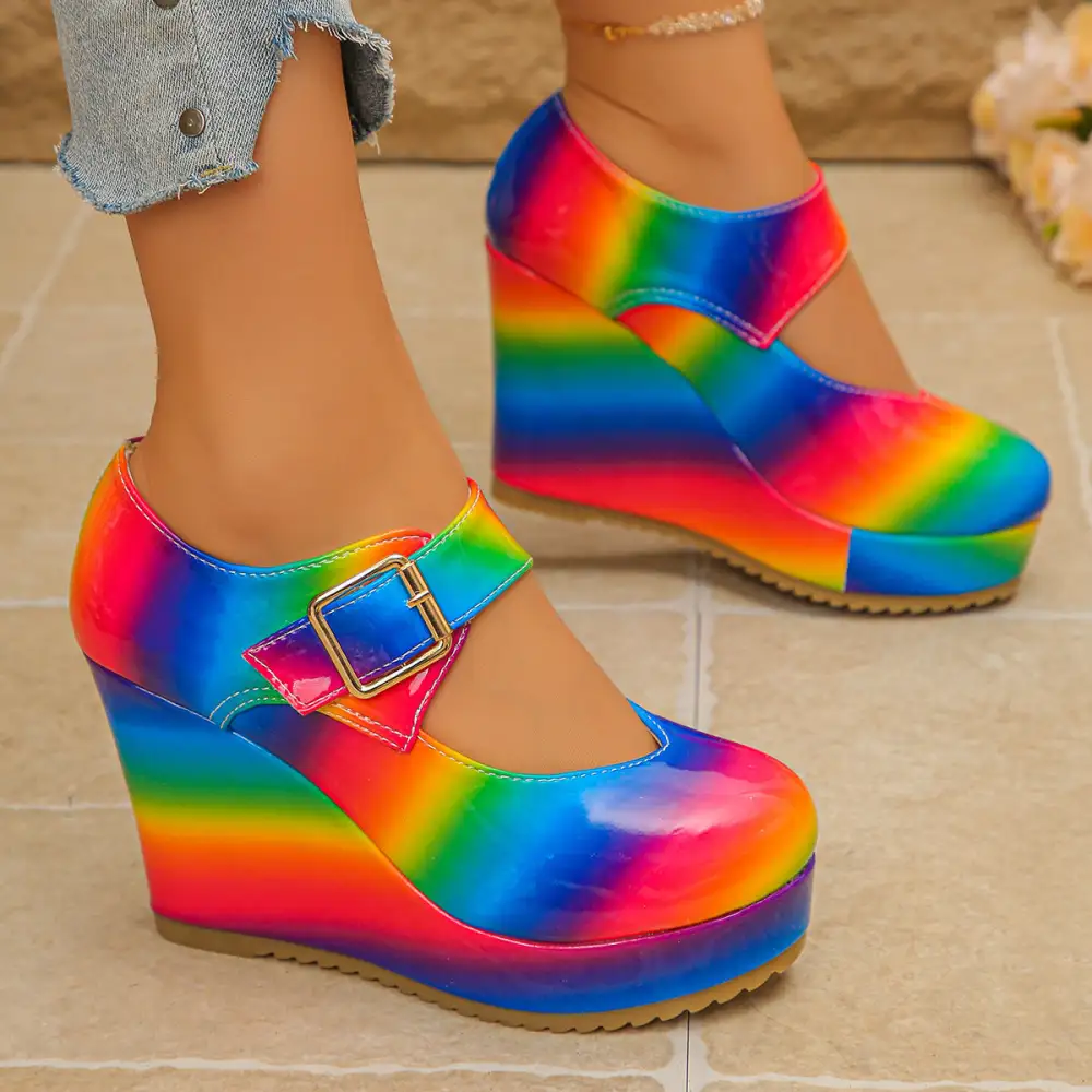 Colorful Round Toe Wedge Mary Jane Loafers Shoes