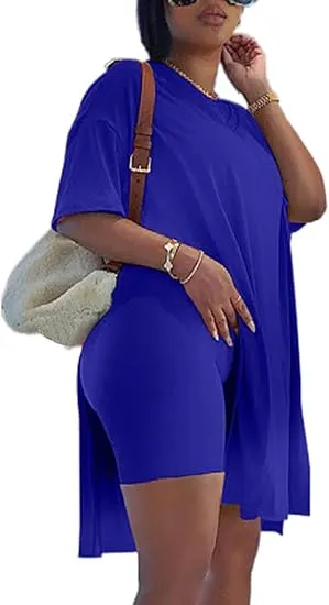 Women Plus Size 2 Piece Outfits Short Sleeve Tunic Tops And Skinny Biker Shorts Sets Tracksuits Womenswear Bodycon Split Hem Lounge
