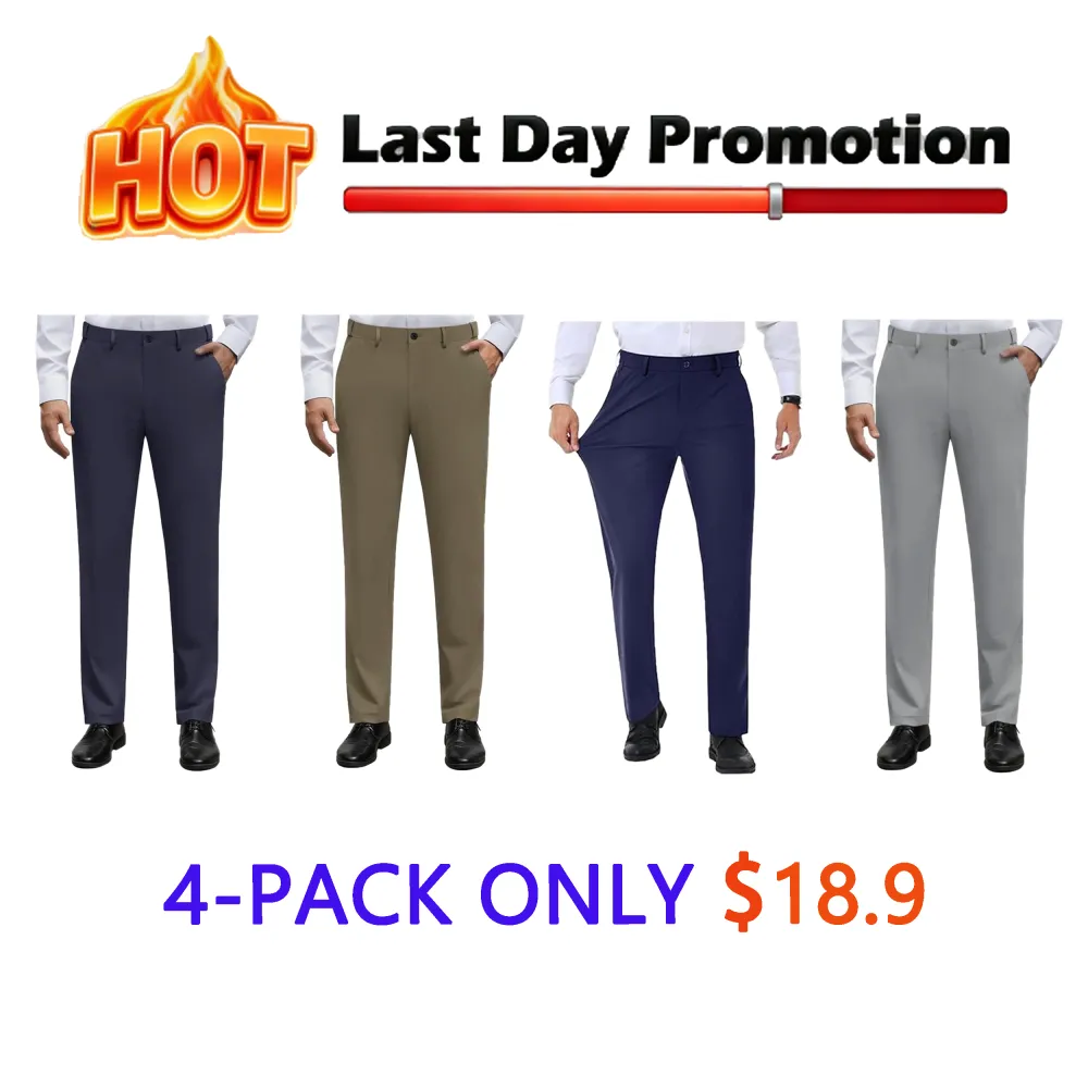 Men's No-Iron Stretch Dress Pants | Expandable Waist Flat Front Golf Pants for Business & Casual Wear