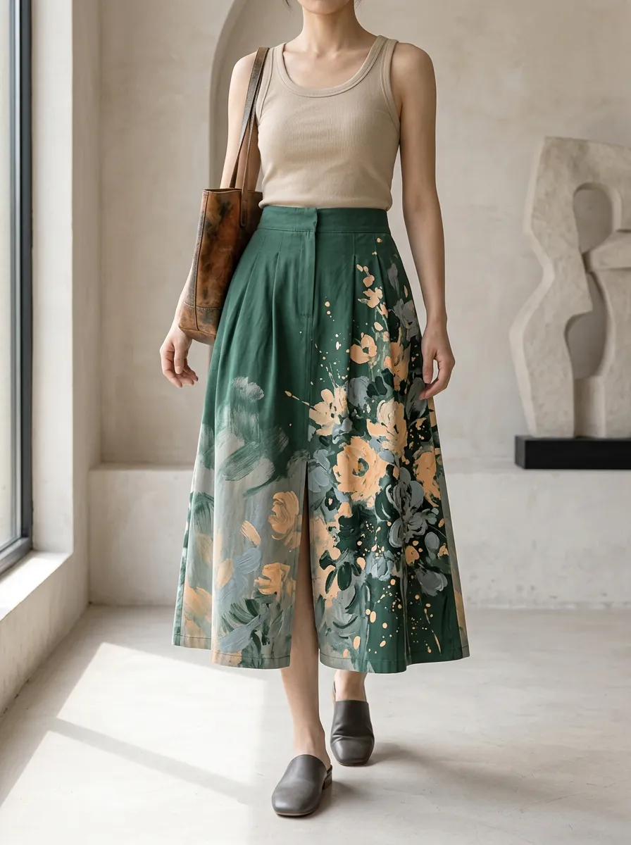 Women's Floral Art Abstract Green Painted Printed Midi Skirt