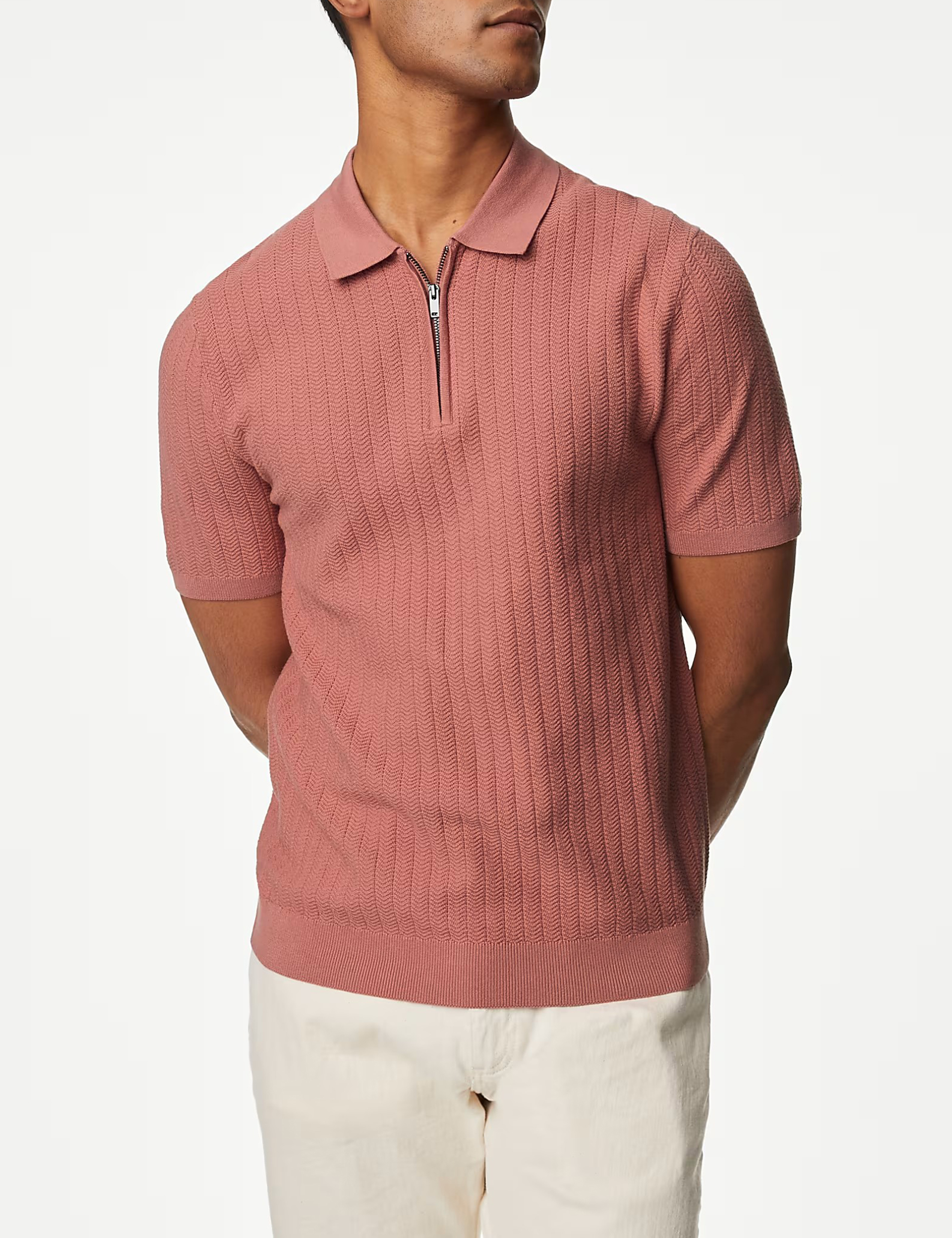 Men's Pink Textured Knit Quarter Zip Polo