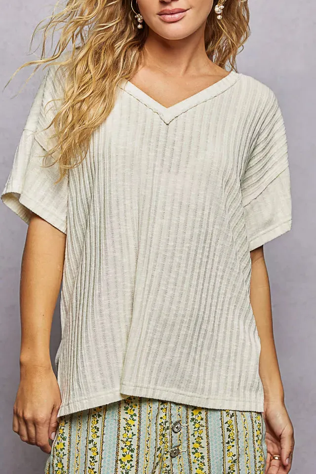 Refined V-Neck Short-Sleeve Textured Ribbed T-Shirt