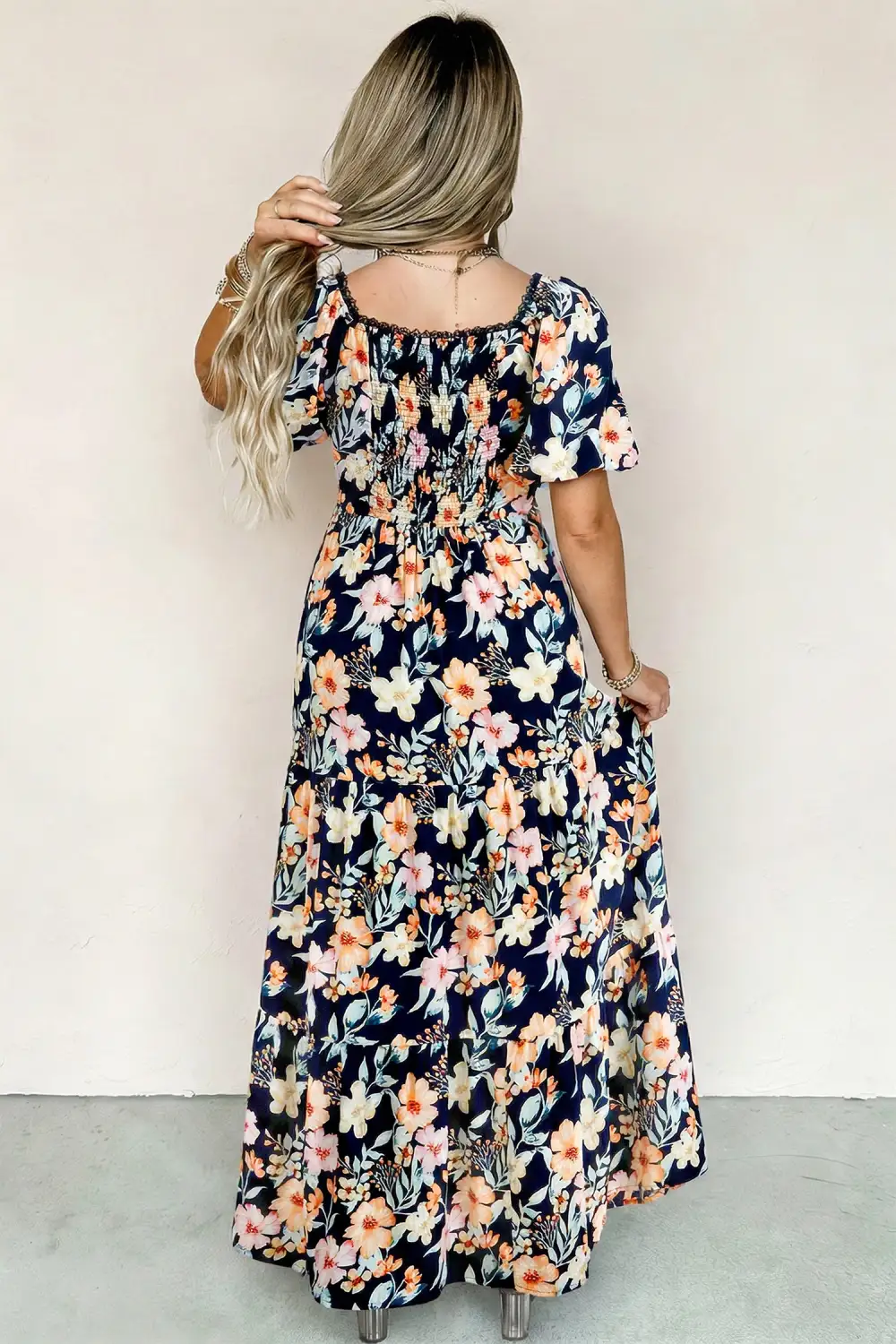 Floral Smocked Short Sleeve Maxi Dress