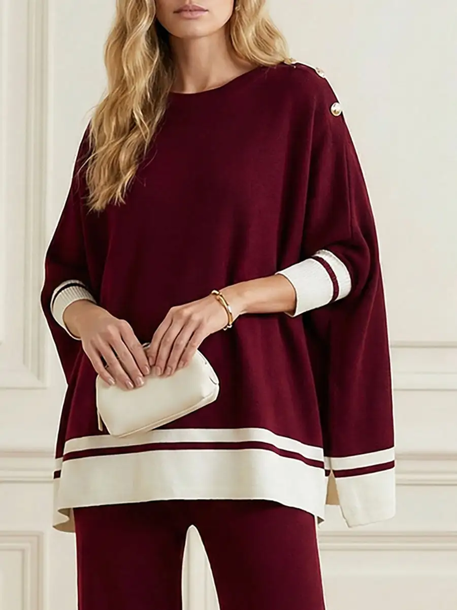 High Low Split Hem Button Detail Round Neck Long Sleeve Pullover Sweater