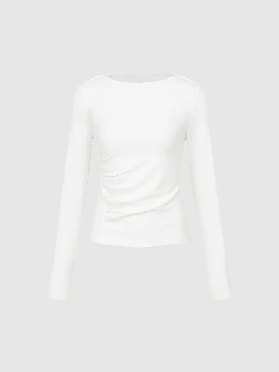 Ladies White Round-Neck Casual Style Fitted Long-Sleeved T-Shirt