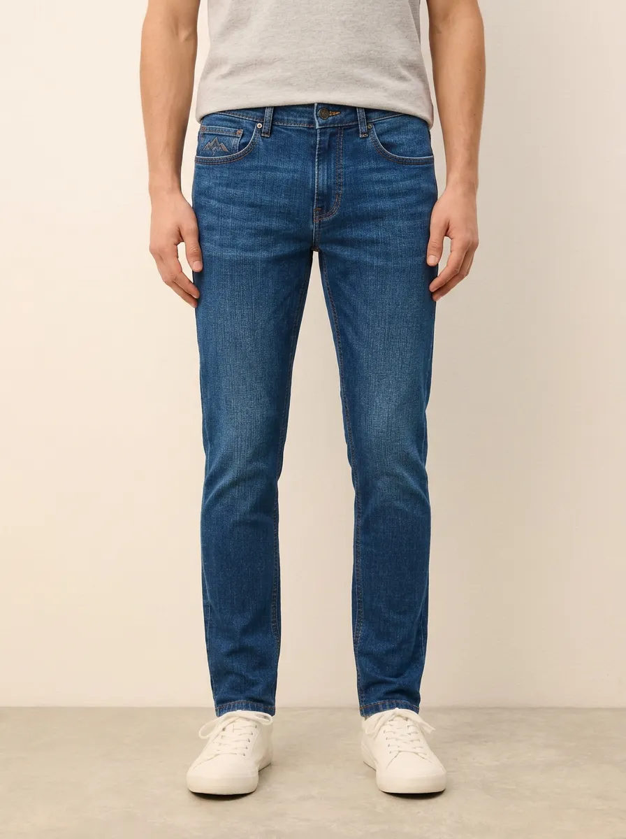 Men's Contemporary Flexible Mountain Logo Embroidered Stretch Denim Jeans