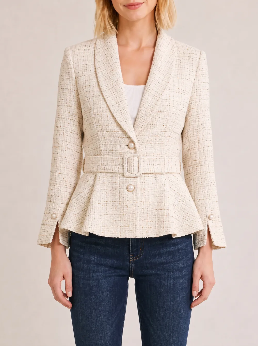 Women's Beige Tweed Peplum Belted Blazer Jacket