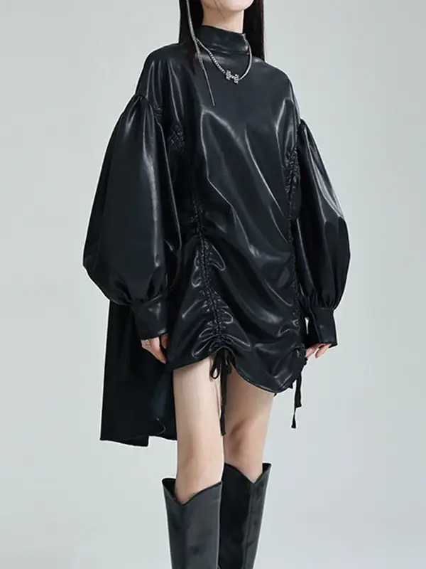 High Low Long Sleeve Drawstring Pleated Solid Color Stand Collar Mini